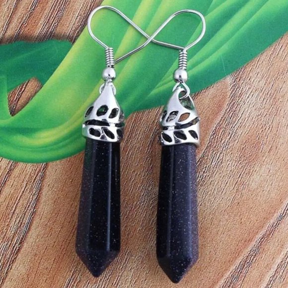 Blue Sandstone Hexagon Point Dangle Earrings - Picture 1 of 2